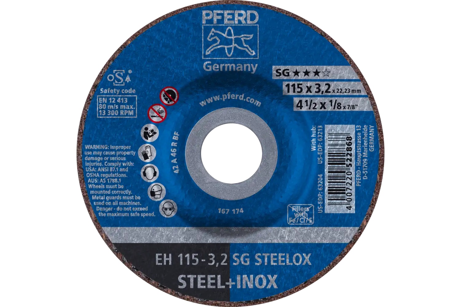 Picture of Pferd Cut-Off Wheel, 4-1/2" X 1/8 X 7/8, Sg Steelox, T27, Aluminum Oxide